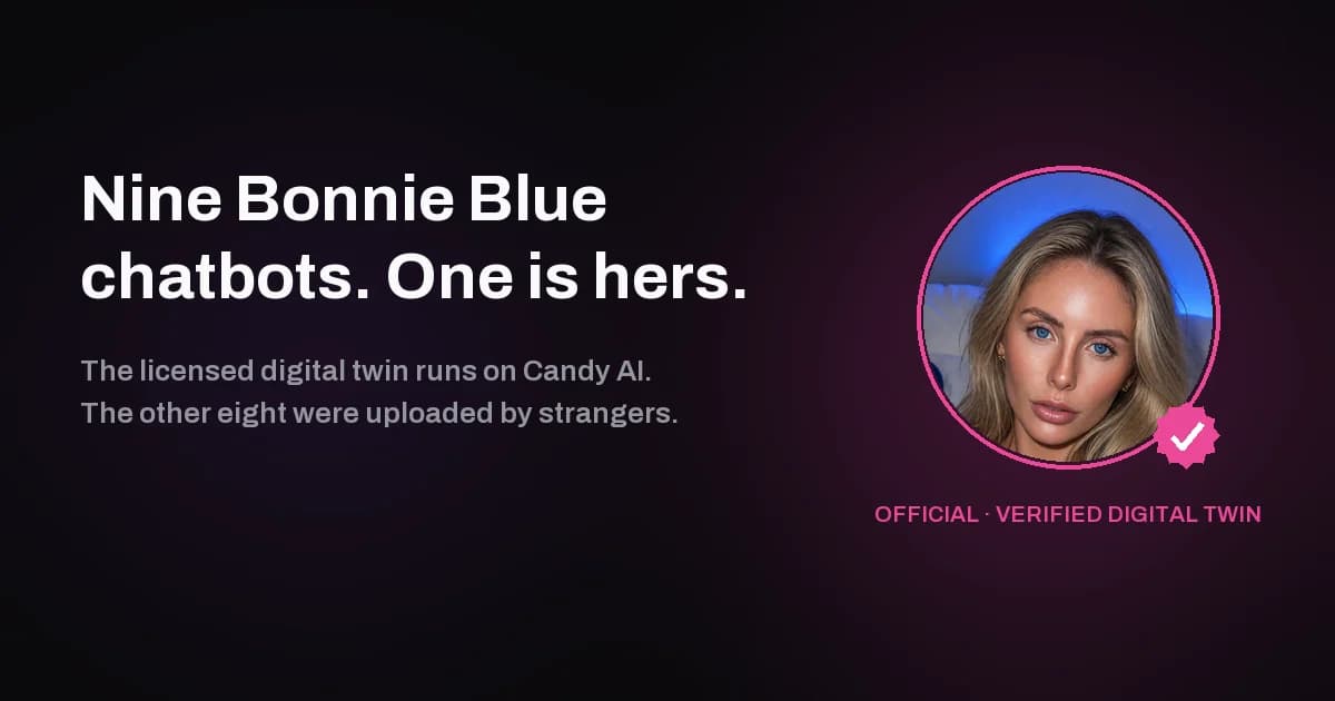 One of the nine Bonnie Blue chatbots we found is the licensed digital twin. The other eight were uploaded by strangers and all rank above hers.