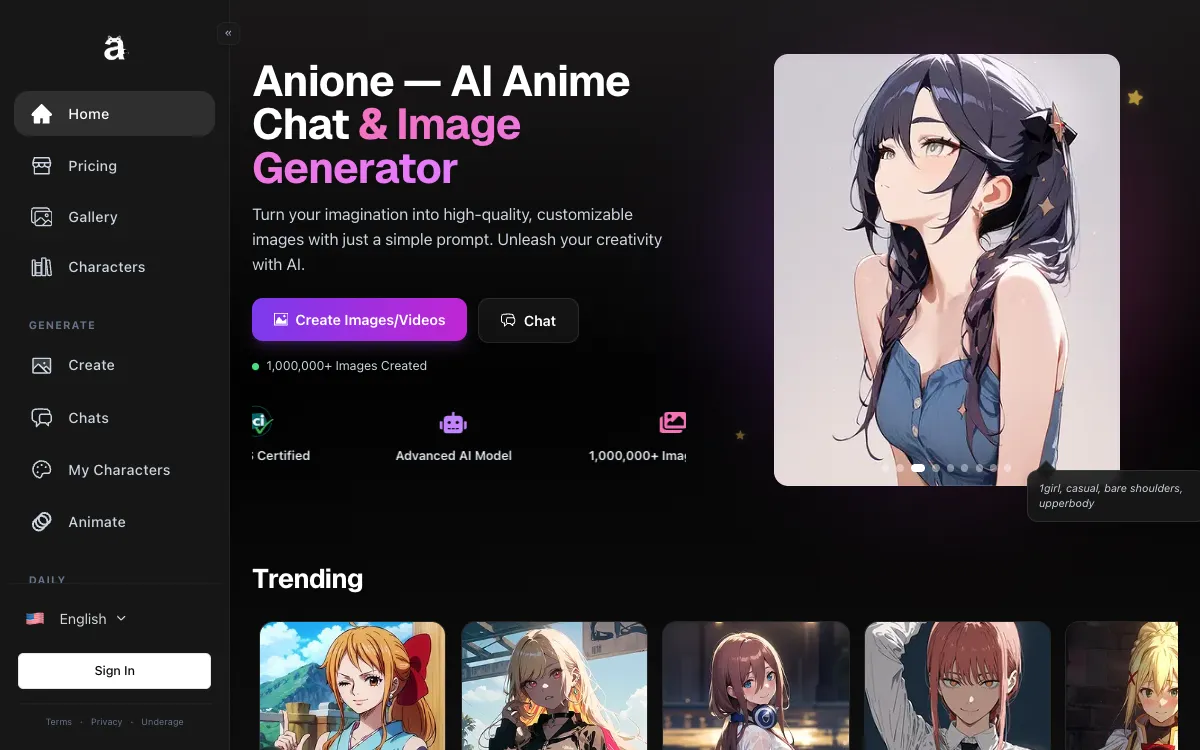 The Anione home page on desktop