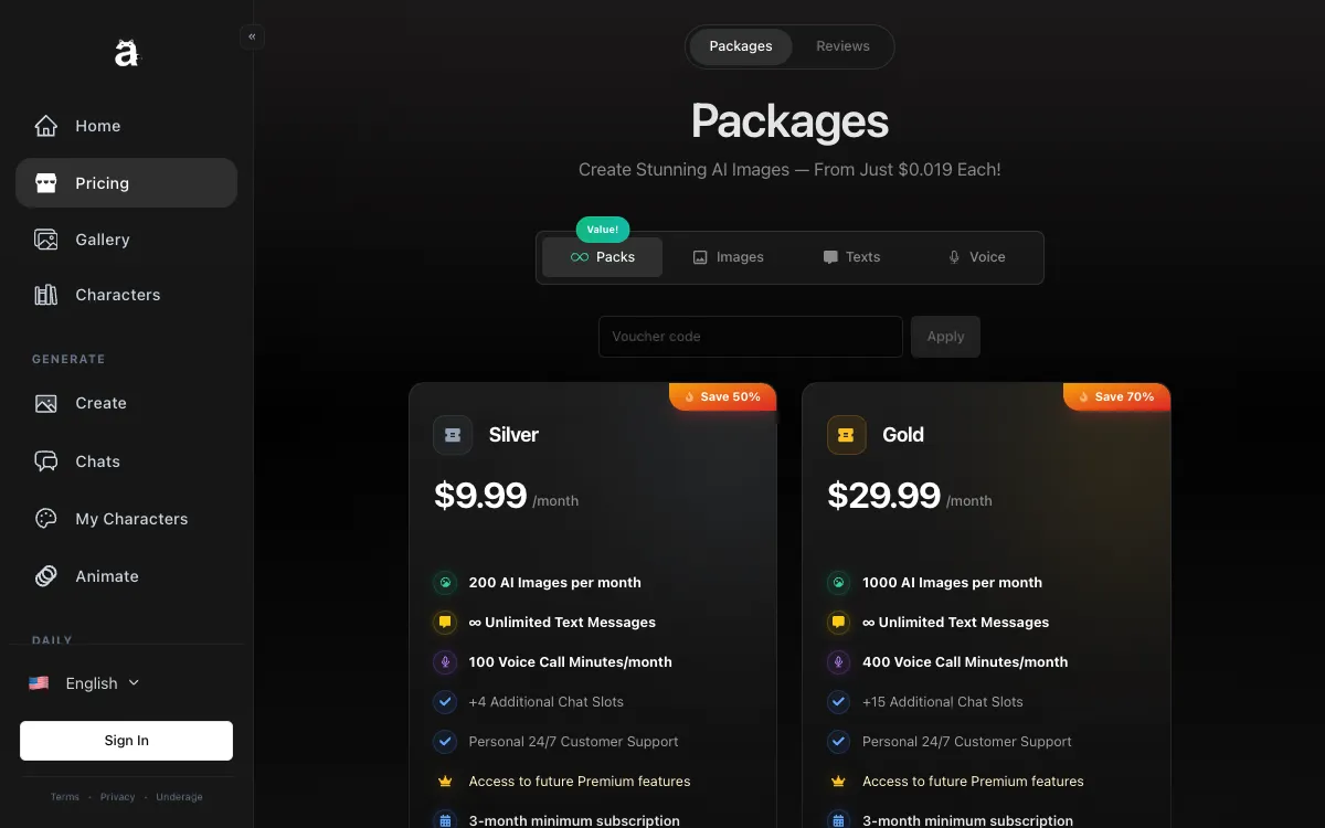 The Anione Silver and Gold passes on its pricing page, each with a 3-month minimum