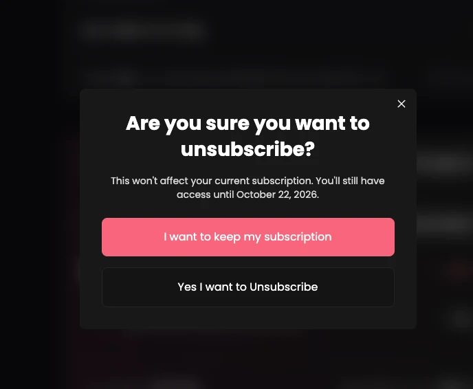 Candy AI window asking Are you sure you want to unsubscribe, with the keep button in pink