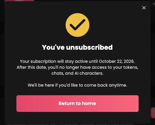 Candy AI confirmation: You've unsubscribed, active until October 22, 2026