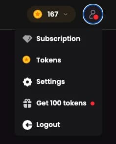 The Candy AI avatar menu with Subscription, Tokens, Settings, Get 100 tokens and Logout