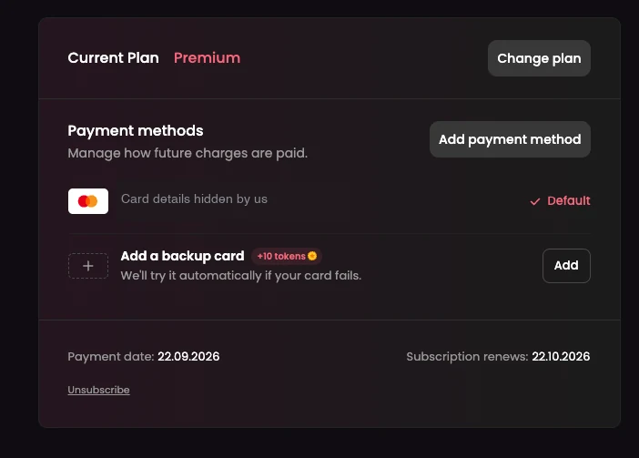The Candy AI Settings page, Current Plan block, with the Unsubscribe link at the bottom left