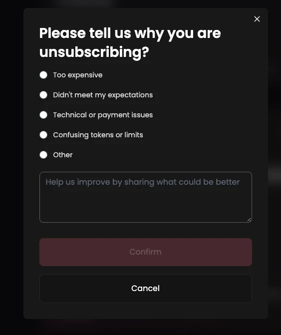 Candy AI survey asking why you are unsubscribing, with five reasons and a greyed Confirm button