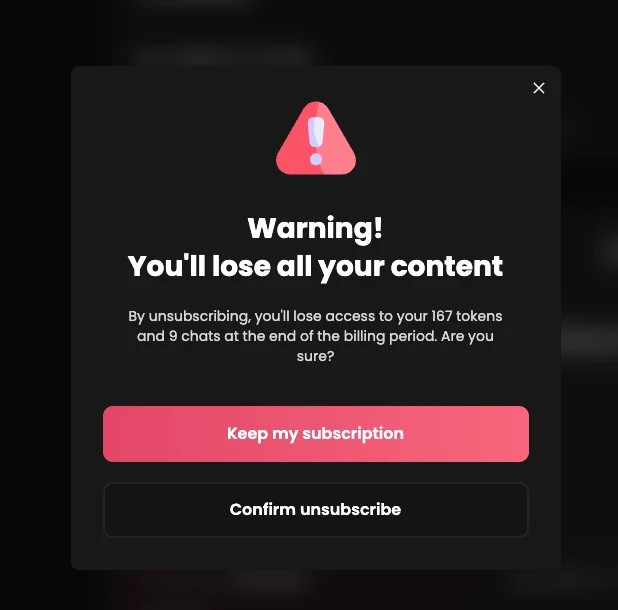 Candy AI warning that you will lose your 167 tokens and 9 chats at the end of the billing period