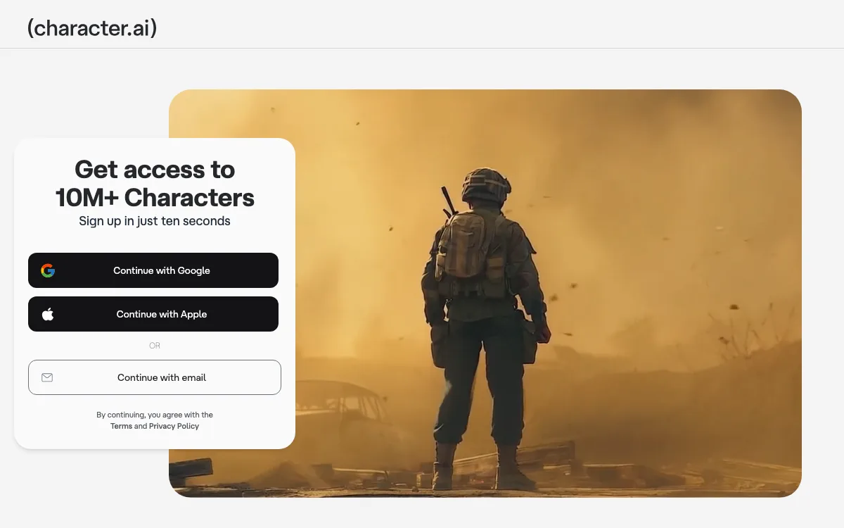 The Character.AI home page on desktop