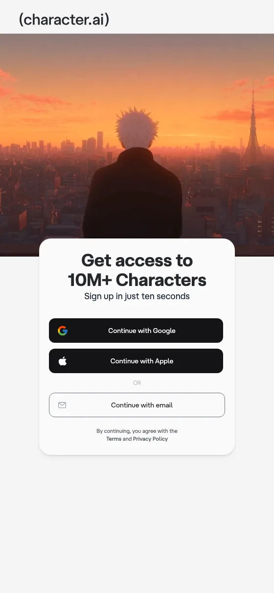 The Character.AI home page on mobile