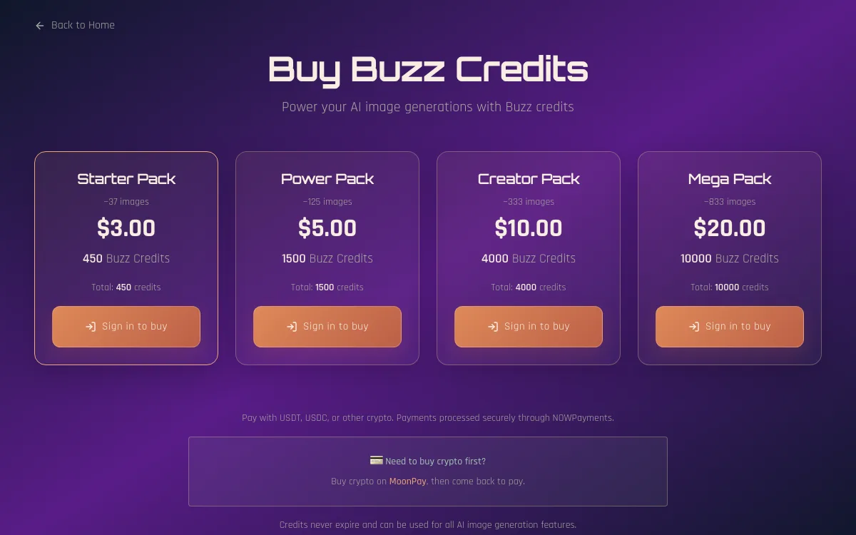 The four Civiverse Buzz credit packs, with the crypto payment note