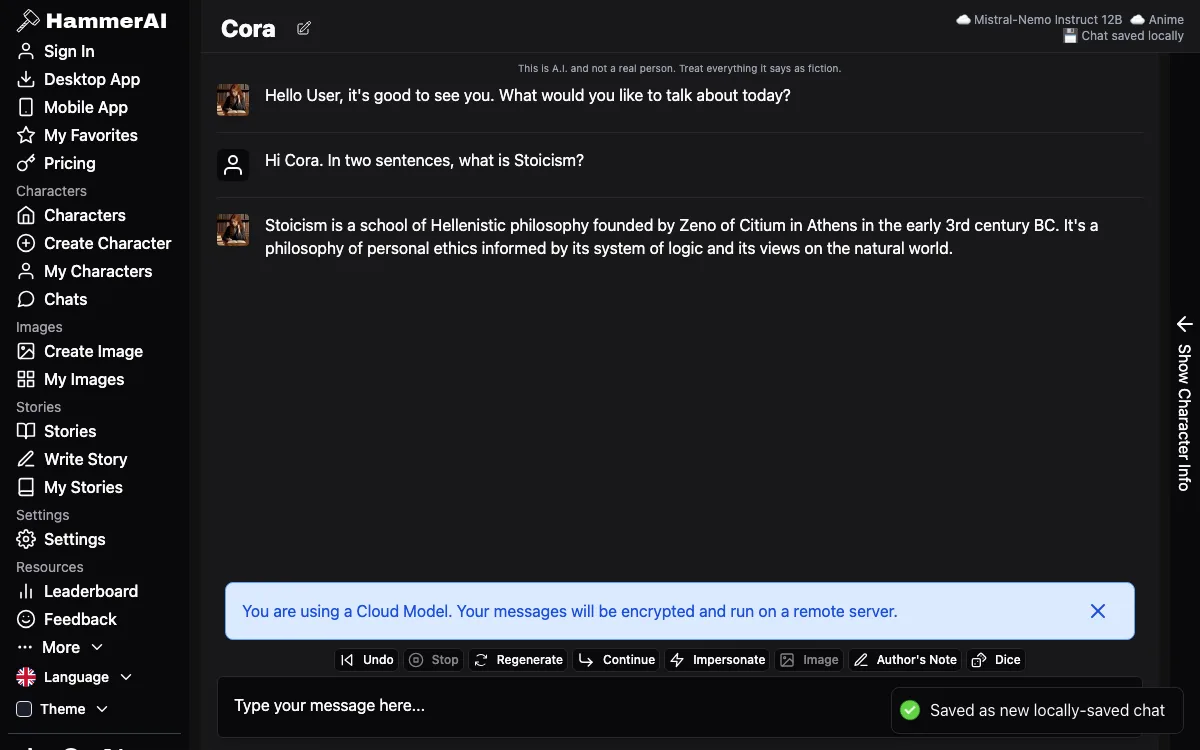 An anonymous HammerAI chat with the model name shown in the header