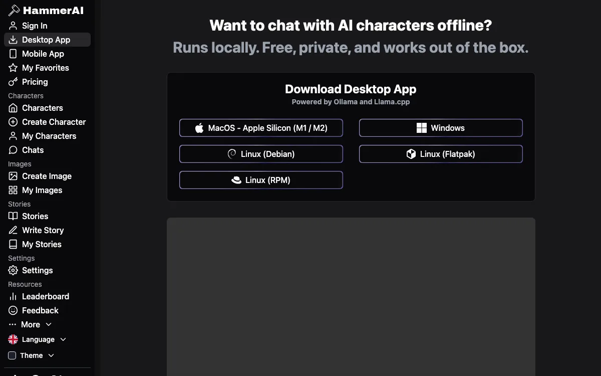 The HammerAI desktop app download page with Mac, Windows and Linux buttons
