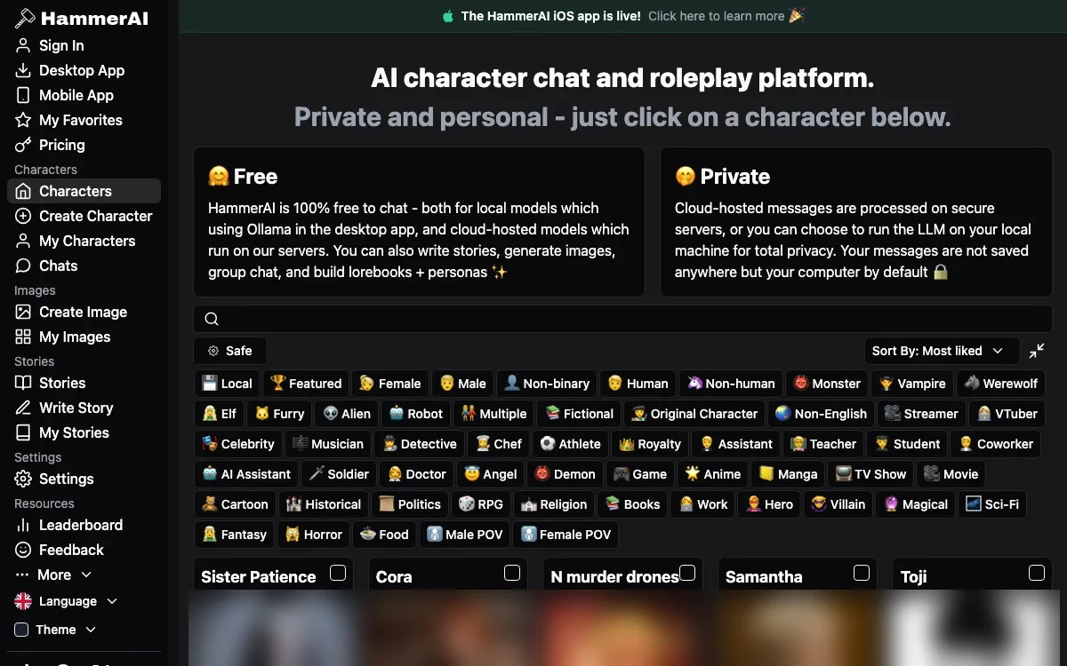 The HammerAI home page on desktop