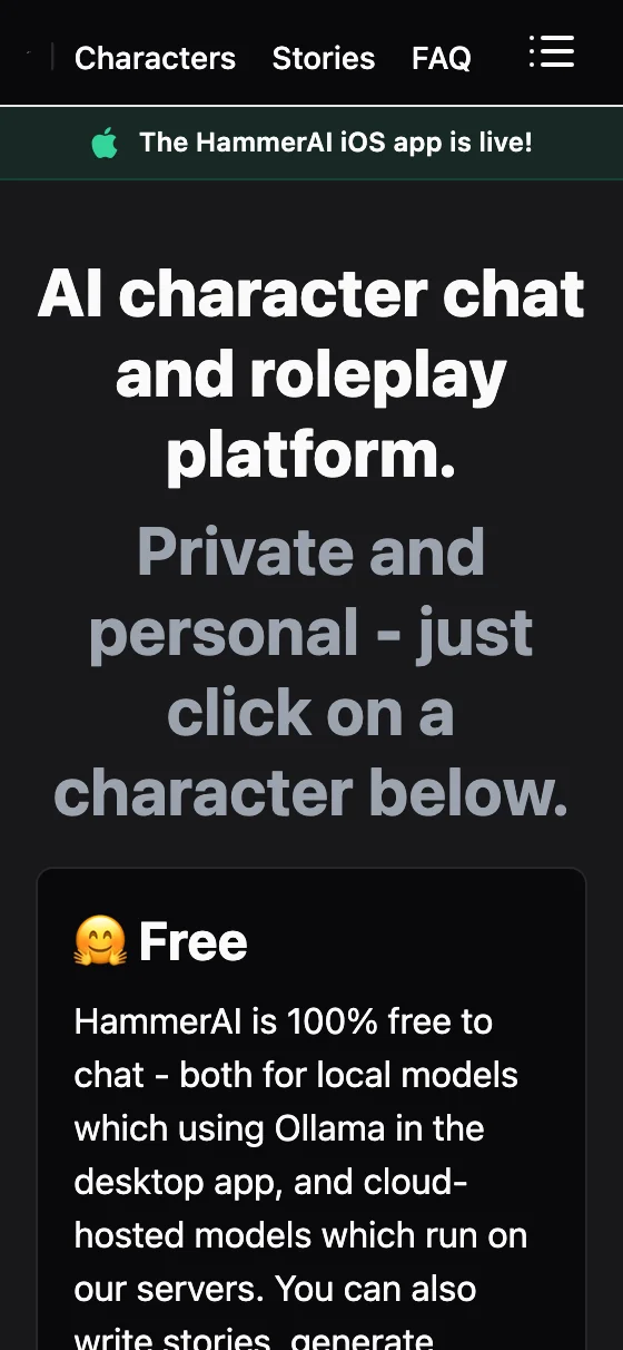 The HammerAI home page on mobile