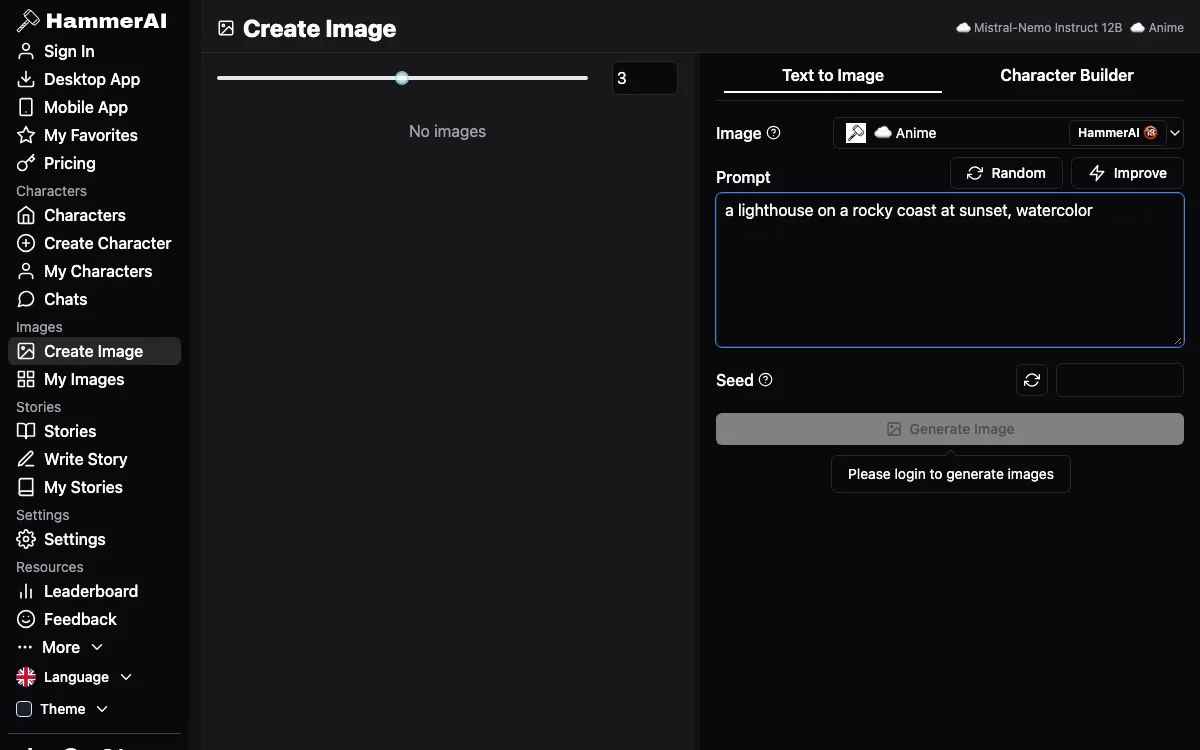 The HammerAI image generator with its button disabled and a login prompt