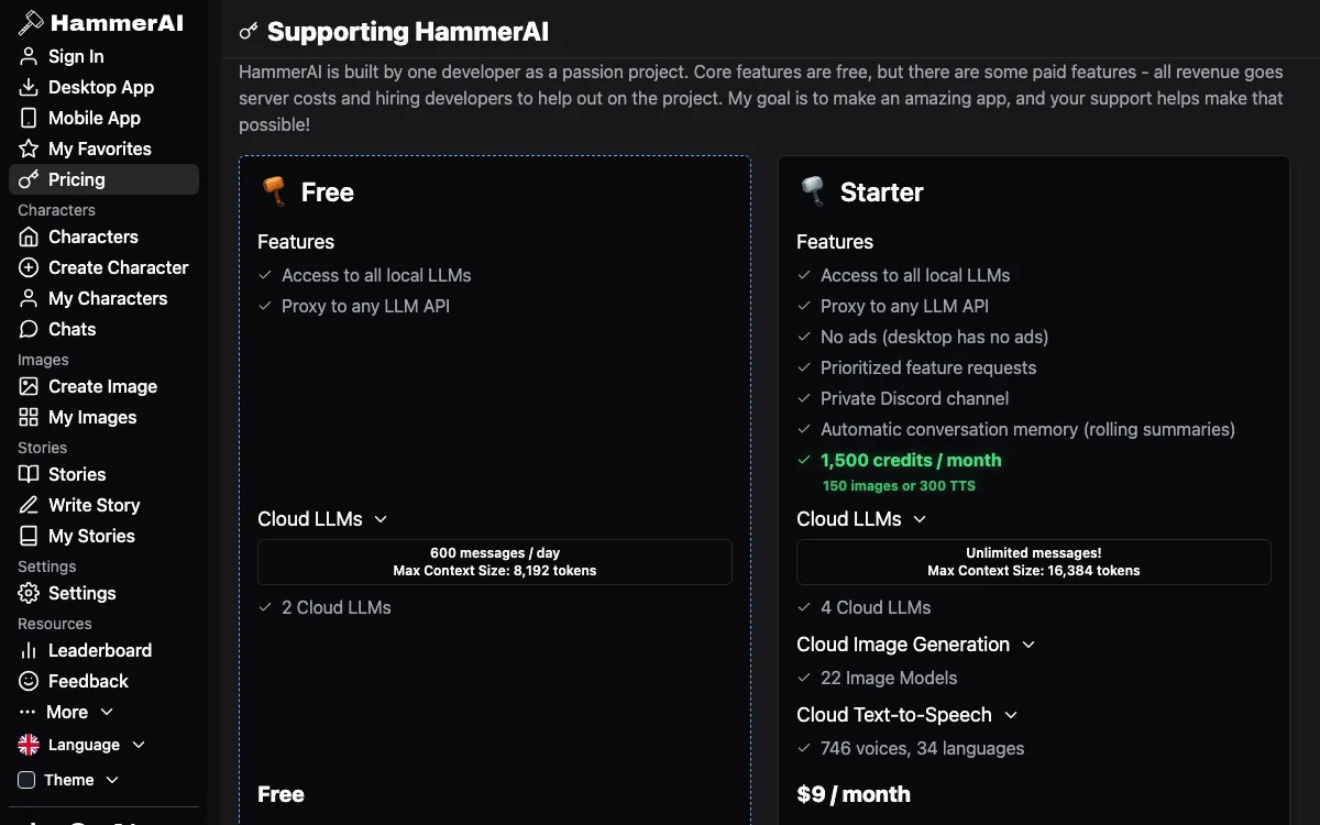 The HammerAI pricing page with the Free and Starter plans side by side