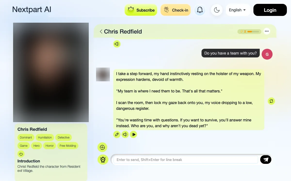 A Nextpart AI chat in guest mode, with the message counter at two