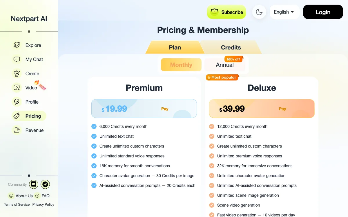 The Nextpart AI pricing page on desktop