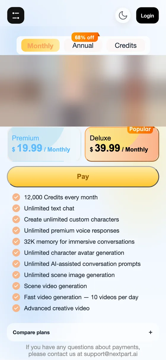 The Nextpart AI pricing page on mobile