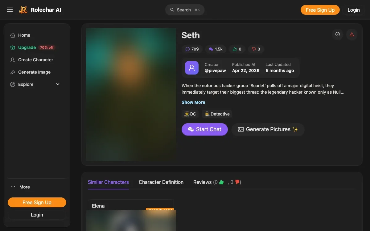 A RoleChar character profile with its creator, counters, tags and the Start Chat button