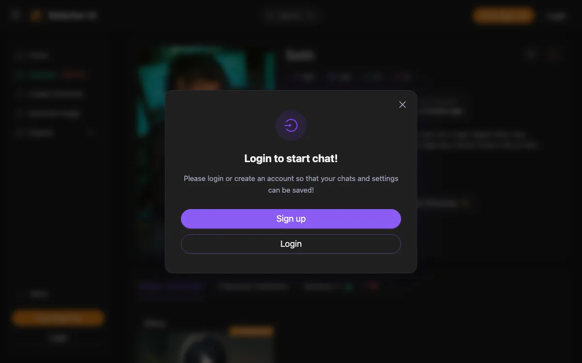 The RoleChar login panel that opens when you click Start Chat