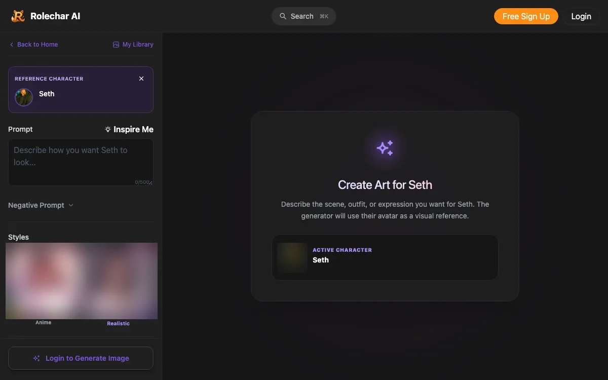 The RoleChar image generator opened from a character page, before login
