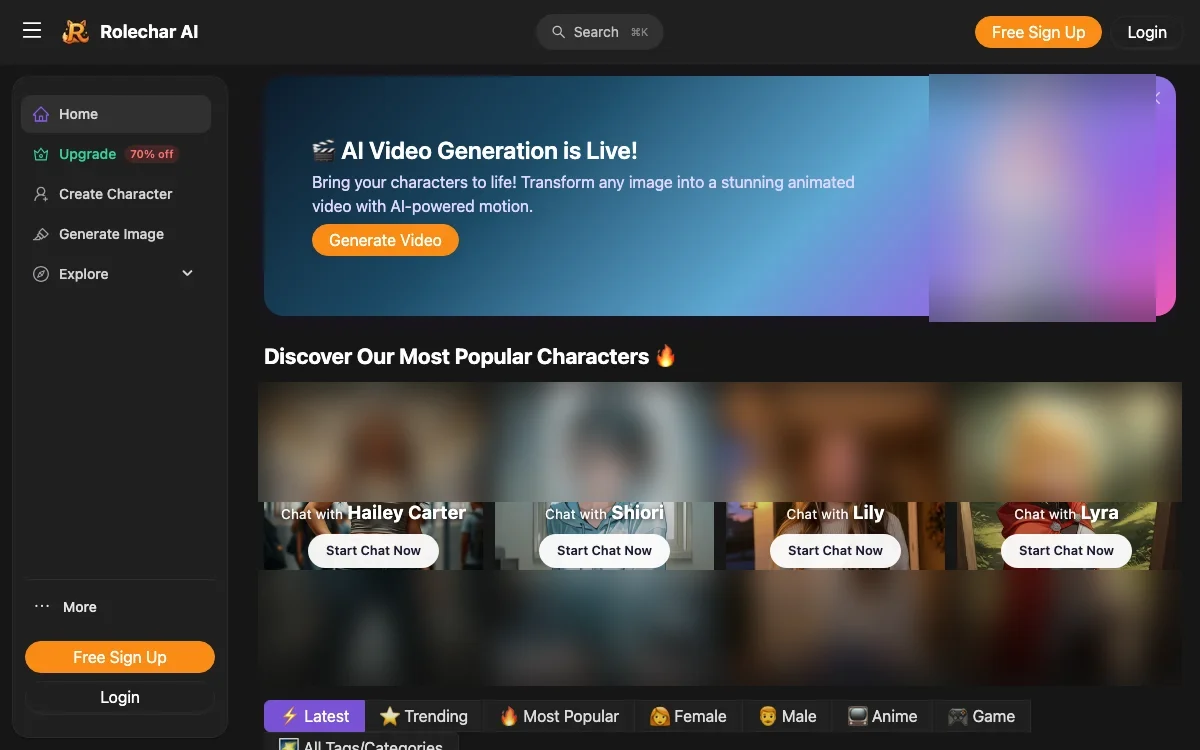 The RoleChar home page on desktop