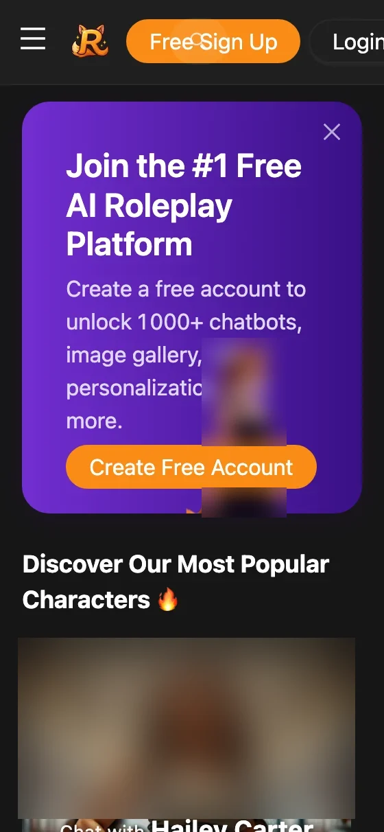 The RoleChar home page on mobile