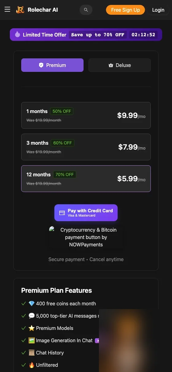 The RoleChar pricing page on a phone, with the countdown banner and the Premium tier