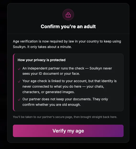 The Soulkyn Confirm you're an adult window with a Verify my age button