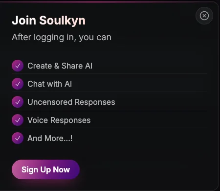 The Join Soulkyn window listing what an account unlocks, with a Sign Up Now button