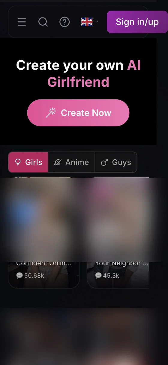 The Soulkyn home page on mobile