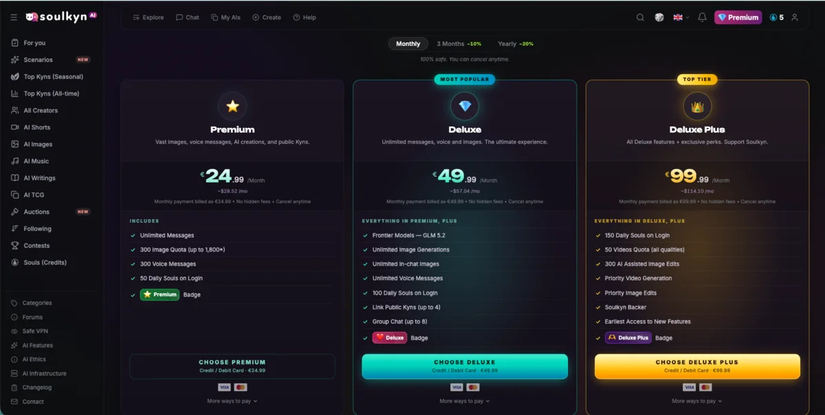 The Soulkyn pricing page with the Premium, Deluxe and Deluxe Plus plans on the monthly tab