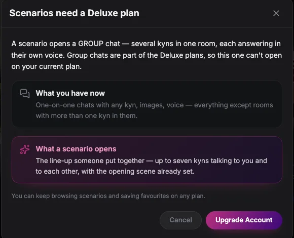 The Soulkyn panel shown when opening a scenario, saying scenarios need a Deluxe plan