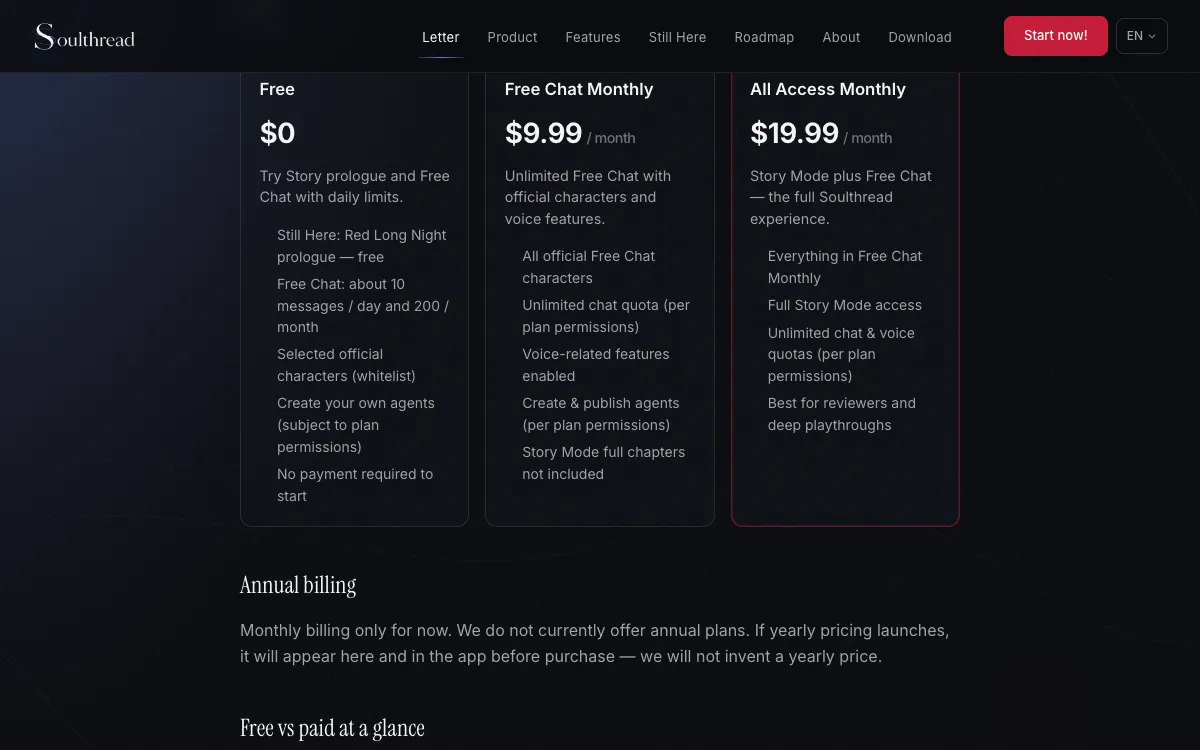 The three Soulthread plans on its pricing page, Free, Free Chat Monthly and All Access Monthly